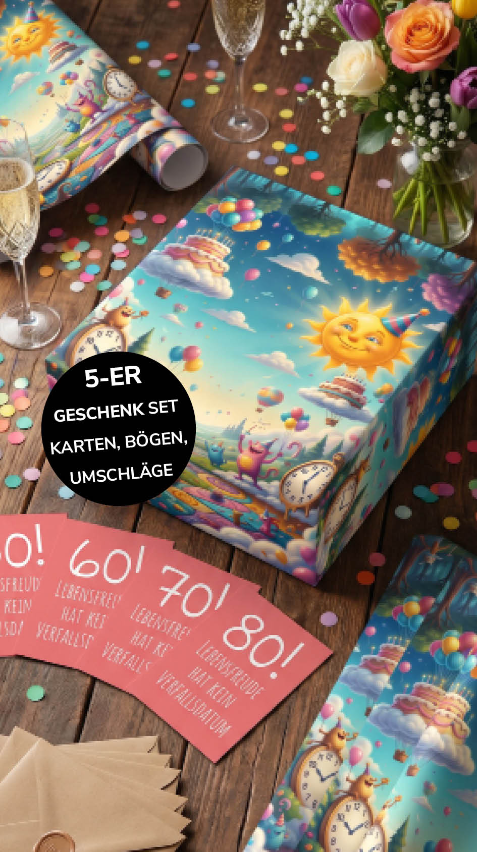 Geschenkpapier 5er Set Lebensfreude 2, Geschenkverpackung DIN A2; Geburtstagskarte mit Umschlag braun